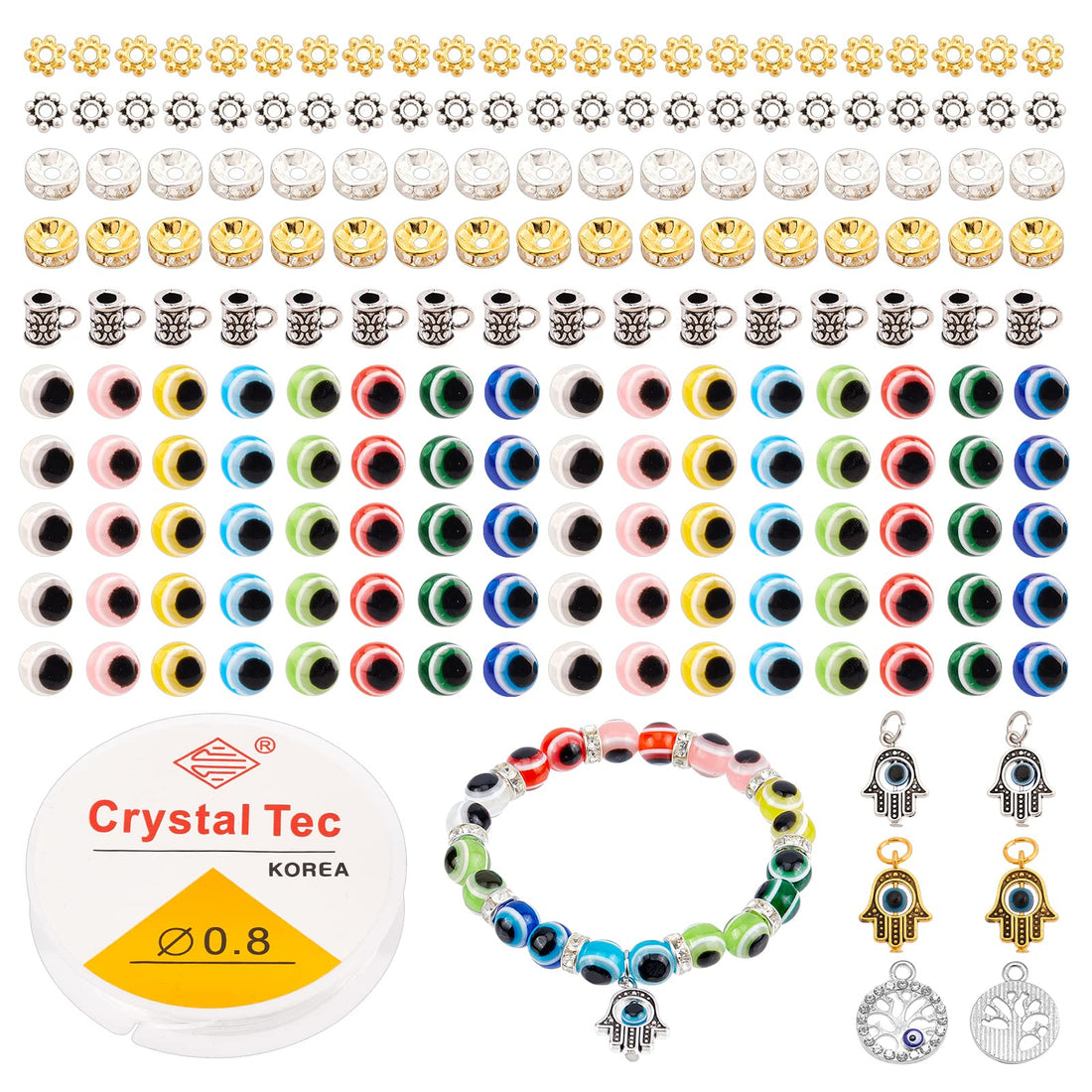 NBEADS 586 Pcs Evil Eye Jewelry Kit, Including 8mm Round Resin Evil Eye Beads, Hamsa Hand Alloy Pendants, Metal Beads and 0.8mm Crystal Elastic Threads for DIY Bracelets Necklace Jewelry Making