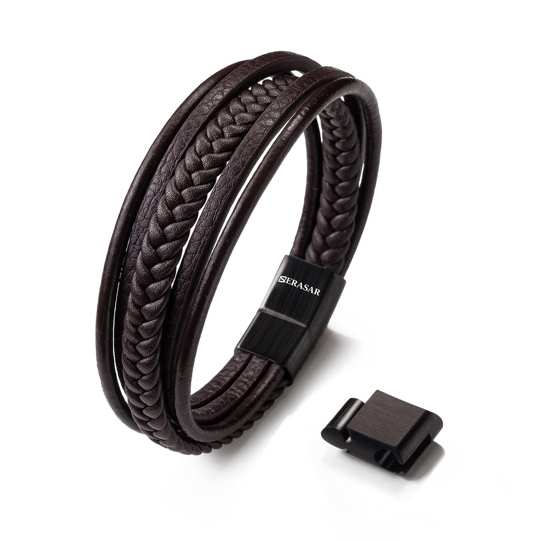 SERASAR Men's Leather Bracelet - Black/Brown with Stainless Steel Magnetic Clasp, Adjustable Bracelet for Men and Teenagers, Jewellery Accessories for Men, Gift Idea for Husband, Boyfriend, Father