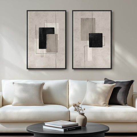 Large Framed Neutral Abstract Wall Art for Living Room, Set of 2 Black and Beige Modern Canvas Prints Paintings Artwork for Walls, Minimalist Block Lines Pictures for Hallway Office Wall Decor 24x36