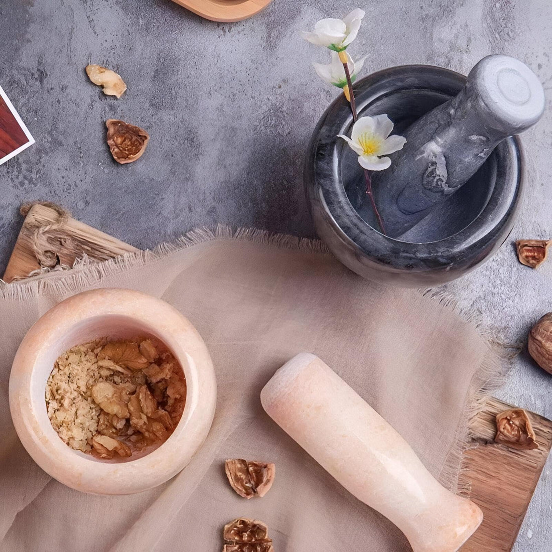 Mortar & Pestle - Marble & Granite - This Natural Marble Granite Mortar and Pestle Set is Perfect for Grinding Herbs, Spices and Spices, Essential for Every Kitchen (Shown, 2 Mortars and Pestle)