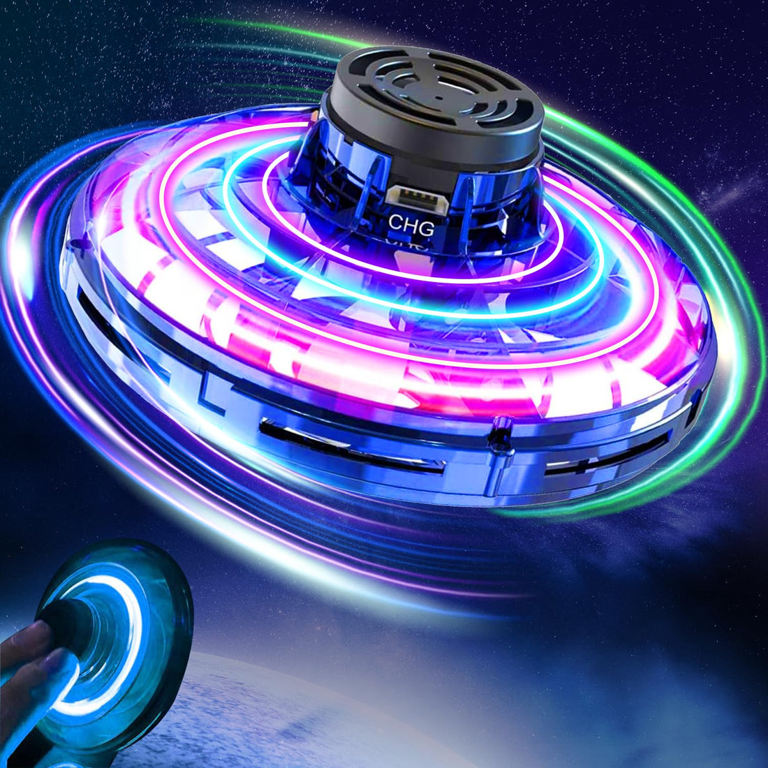 PEKOIU Flying Spinner Mini Drone, Infinity UFO, Fidget Spinner Toy, Blue, Kids (8+), Teens, Adults, Elderly