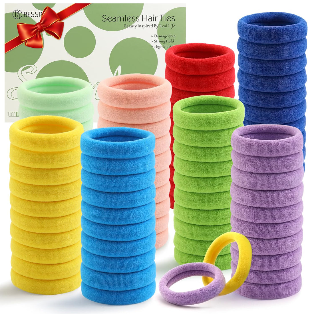 Bessrung 100 PCS Hair Ties, Soft Seamless Hair Bands for Thick Thin Hair, Ponytail Holders, Elastic Hair Ties for Women, Men, Girls, No Cease Nylon Hair Ties, No Damage Hair Accessories, Rainbow Color