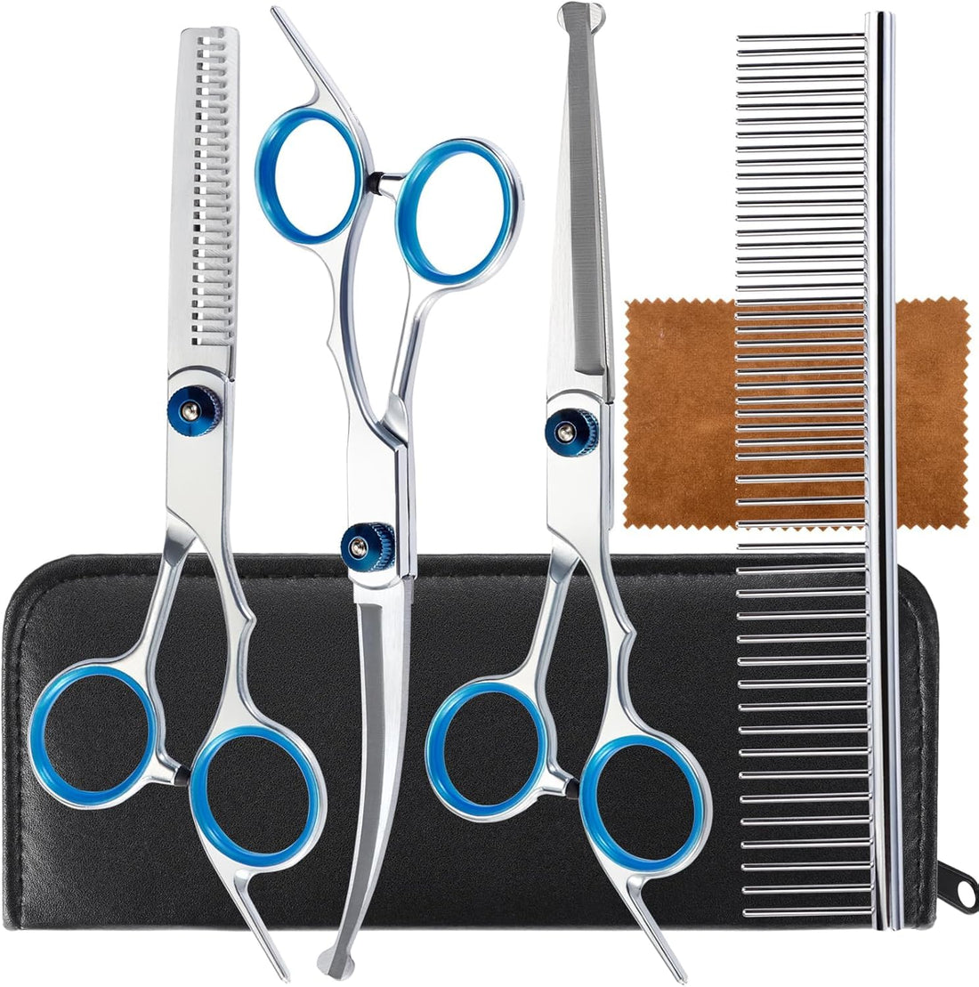 5 in 1 Premium Dog Grooming Scissors, Professional Dog Scissors for Grooming with Safety Round Tips, Stainless Steel Thinning Shears, Pet Cat Shears for Grooming Kit
