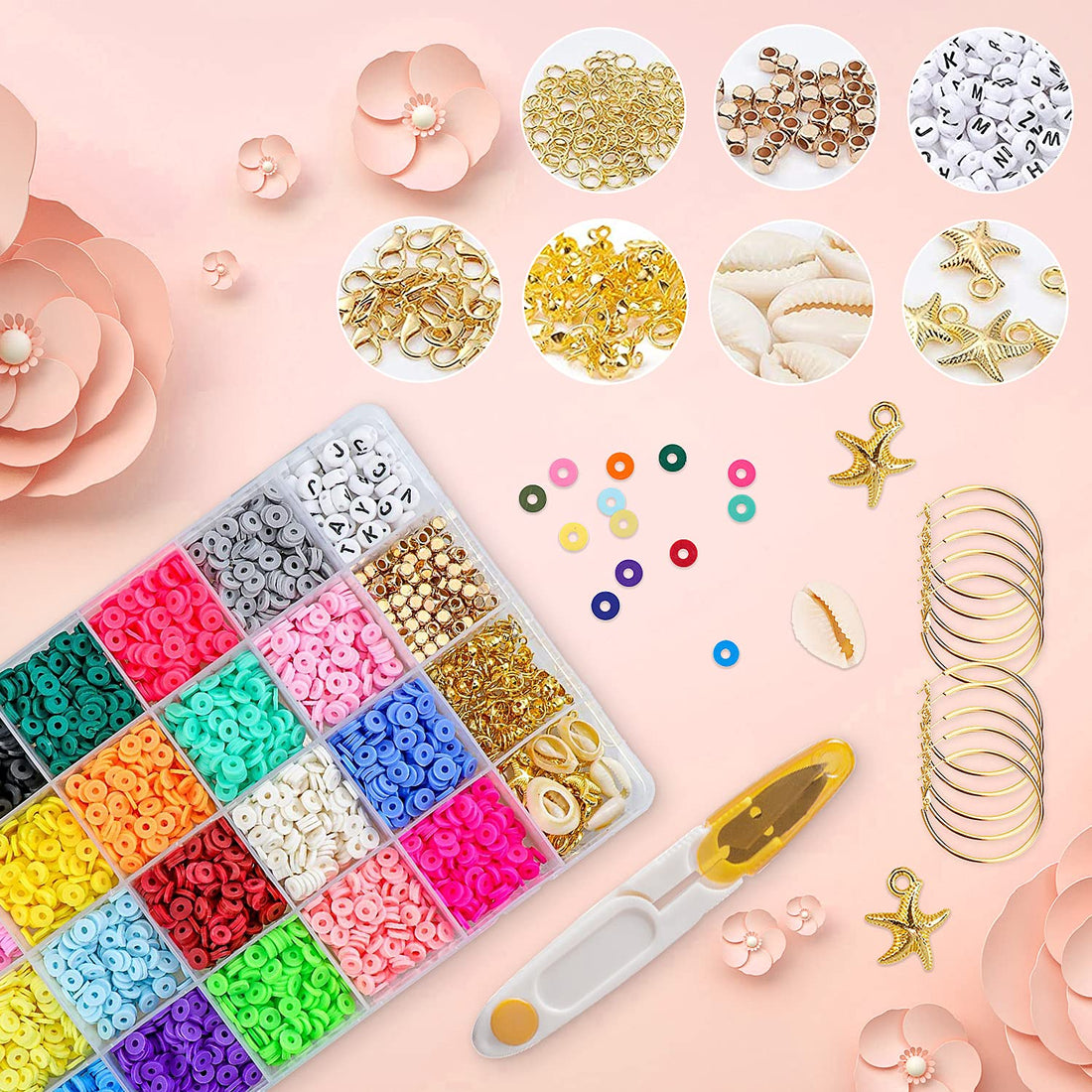 AVNICUD Clay Beads 4280pcs, Flat Round Polymer Soft Ceramic Beads, Elastic String, Alphabet Beads Lobster Clasps, Open Jump Rings, Earrings for DIY Bracelet Necklaces Jewelry Making Supplies Kit