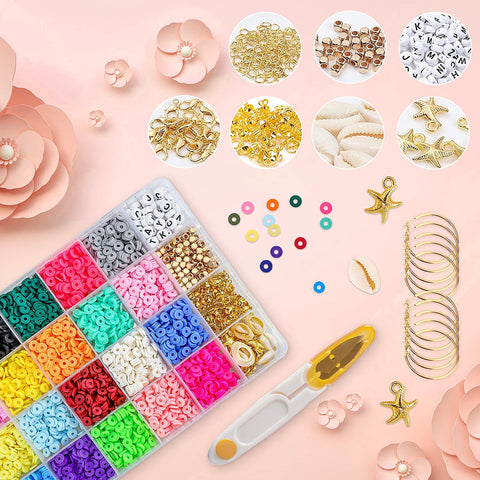 AVNICUD Clay Beads 4280pcs, Flat Round Polymer Soft Ceramic Beads, Elastic String, Alphabet Beads Lobster Clasps, Open Jump Rings, Earrings for DIY Bracelet Necklaces Jewelry Making Supplies Kit