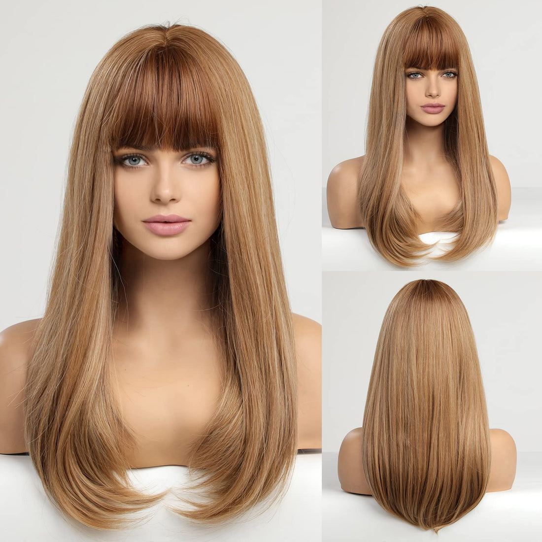 ECIF Long Blonde Wigs For Women, Synthetic Hair Wig With Neat Bangs For White Women