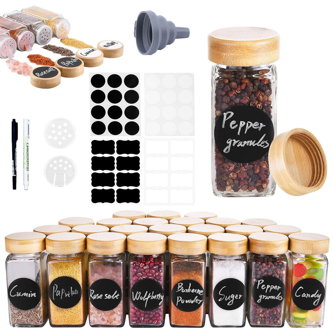 ROSNONG 24 Spice Jars with Natural Bamboo Lid Set,4oz Square Glass Jars with Labels and Shaker Lids,Spice Containers with Excellent Airtight,Seasoning Jars Bottles Set for Spice Rack Cabinet Drawer