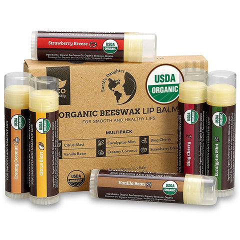 USDA Organic Lip Balm 6-Pack by Earth's Daughter - Fruit Flavors, Beeswax, Coconut Oil, Vitamin E - Best Lip Repair Chapstick for Dry Cracked Lips - Moisturizing Lip Care