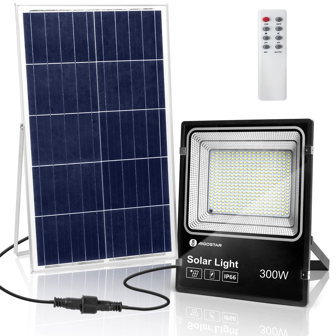 Aigostar - Solar LED projector spotlight with remote control, 300W, 6500K white light. Waterproof IP66. Perfect for indoor and outdoor garden, patios, paths or garages, 2M cable length.