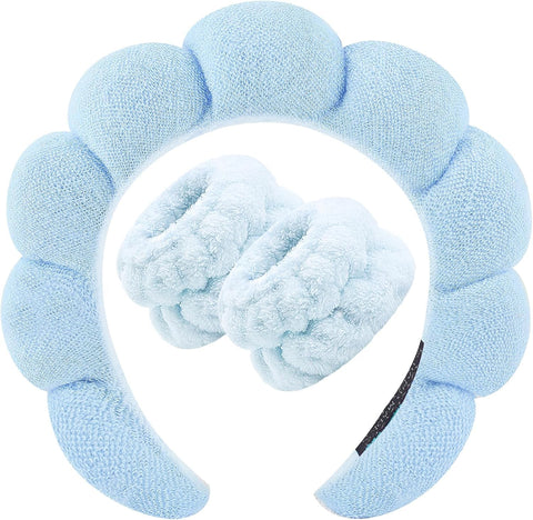 Spa Headband for Washing Face Wristband Sponge Makeup Skincare Headband Terry Cloth Bubble Soft Get Ready Hairband for Women Girl Puffy Padded Headwear Non Slip Thick Hair Accessory (Blue, Standard)