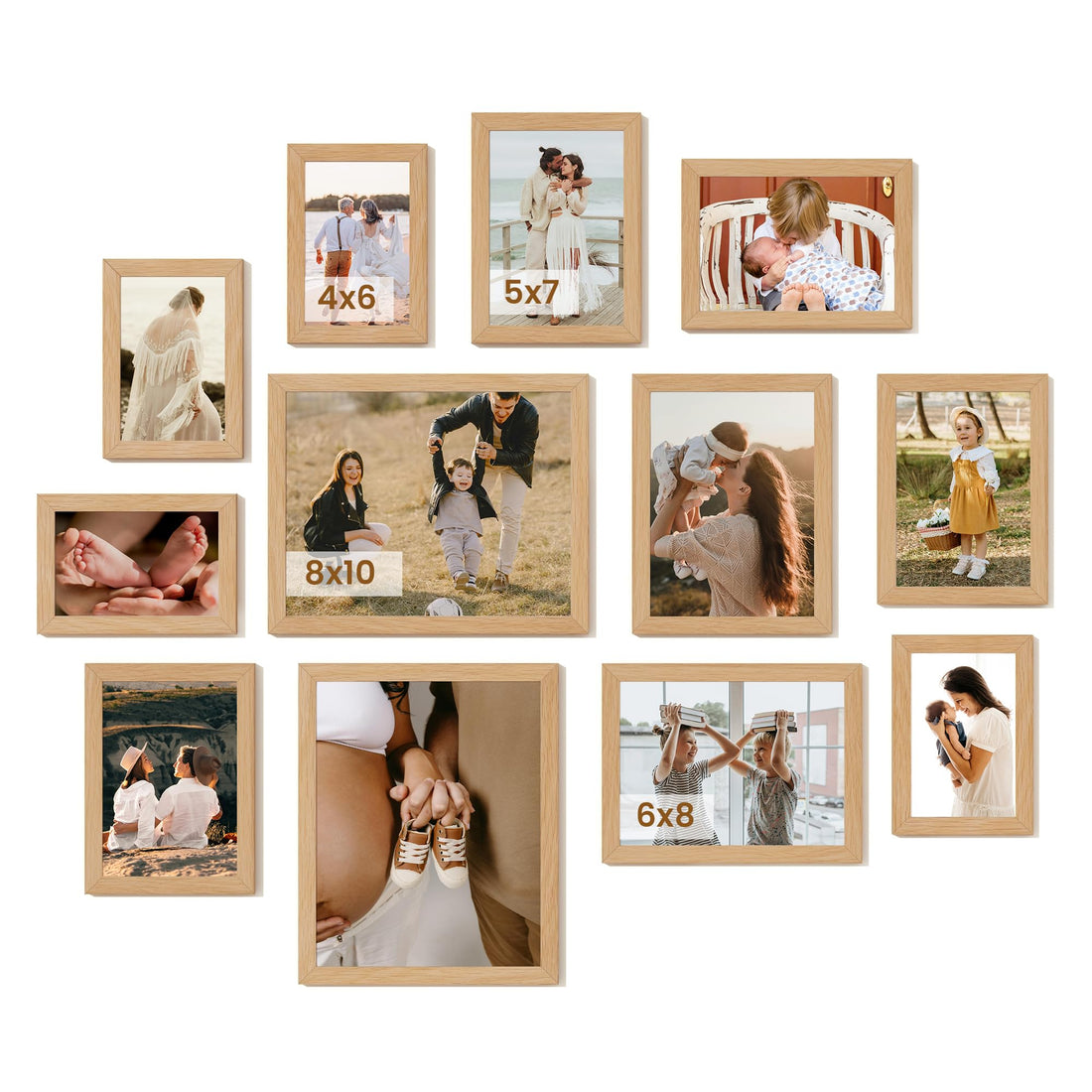 Heimlove Oak Wood Grain Collage Picture Frames Set of 12,Two 8x10,Two 6x8,Four 5x7,Four 4x6 Photo Frames,Gallery Wall Frame Set for Wall Mount or Tabletop Display