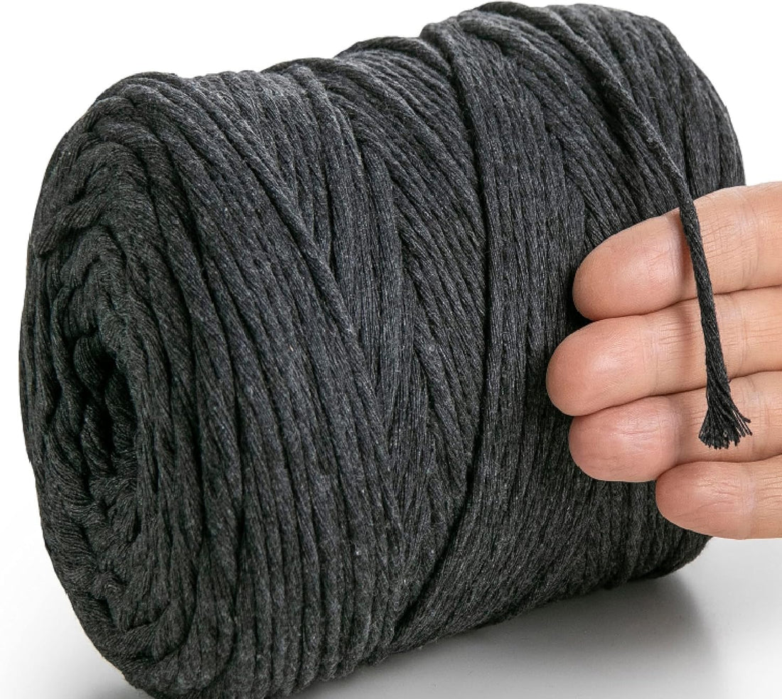 khet w het Macrame Yarn Grey - Macrame Yarn 4 mm Coloured 225 m - Super Soft Cotton Yarn, Simple Twist Macrame Cord for Macrame Wall Hanging, Hanging Basket, Curtain and More DIY Decoration