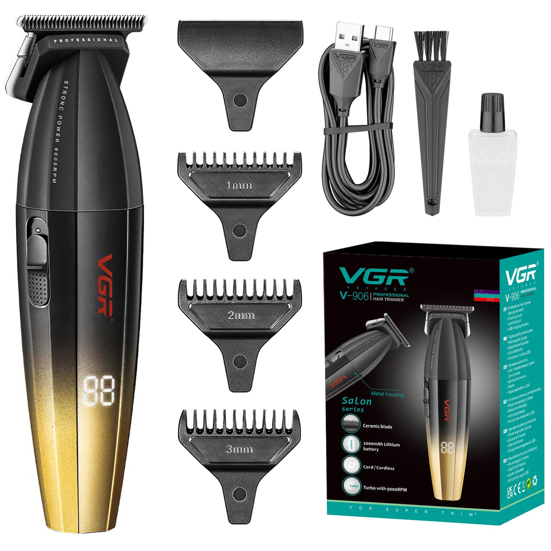 VGR Hair Trimmer for Men Cordless Professional Barber 9000 RPM Electric USB-C Rechargeable 240 Min Battery DLC & Ceramic Blades for Precision Beard Detailing Edges Outliner Barbershop Grooming