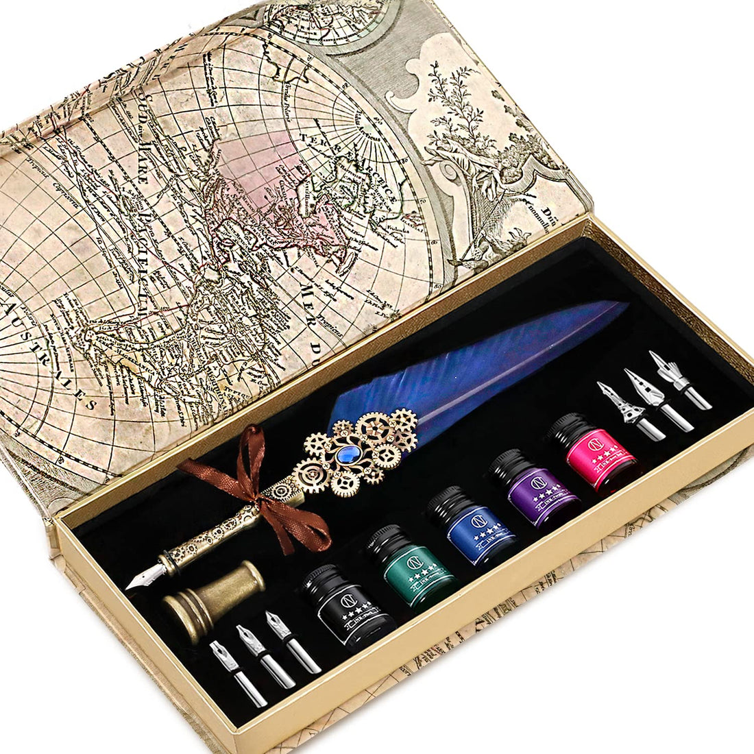 NC Quill Pen Ink Set,Feather Pen Ink Set Includes 5 Bottles of Ink and 6 Replaceable Stainless Steel Nibs,1 Gear Quill Pen,Calligraphy Pen Set for Writing,Letter Writing,Signature Invitation,etc(Blue)