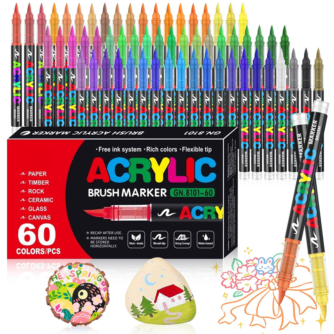 60 Colours Acrylic Pens for Stones, Waterproof, 1-5 mm Brush Acrylic Marker, Acrylic Marker Set for Wood, Canvas, Stone, Ceramic, Glass, Fabric, Acrylic Pens, Paint Marker for Easter and
