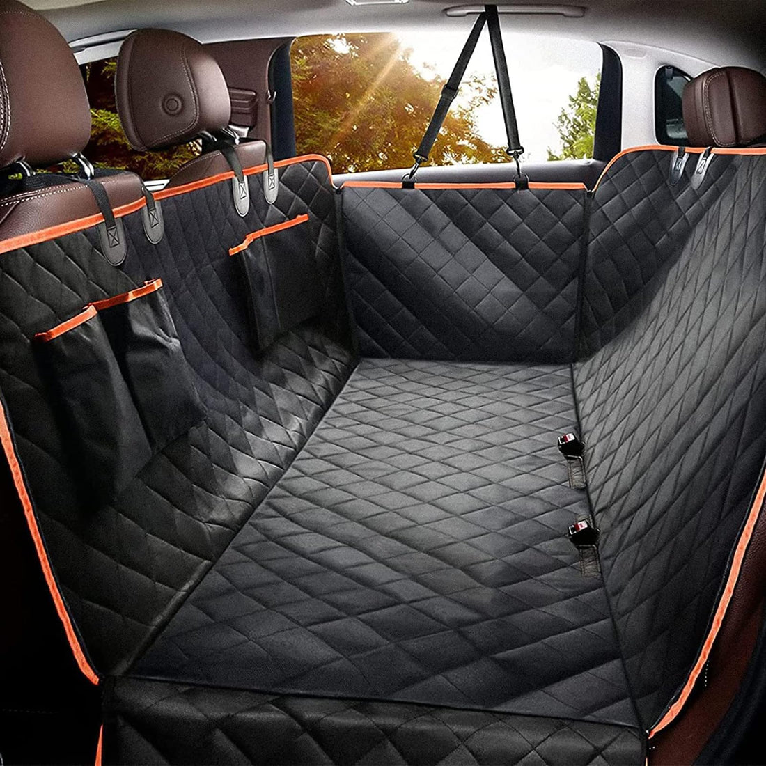 Paporich Dog Car Seat Cover, Waterproof Pet Hammock with 4 Bags Side Flap, Scratchproof and Nonslip Backseat Protection for Car, Suitable for Truck and SUV (Black Orange)