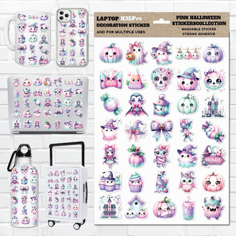 Pink Halloween Stickers â€“ Spooky Holiday Sublimation Stickers with Pumpkins, Ghosts, Bats & Halloween Vibe for Journals, Scrapbooking, Laptops, Planners, Crafts, Aesthetic & Home Decor