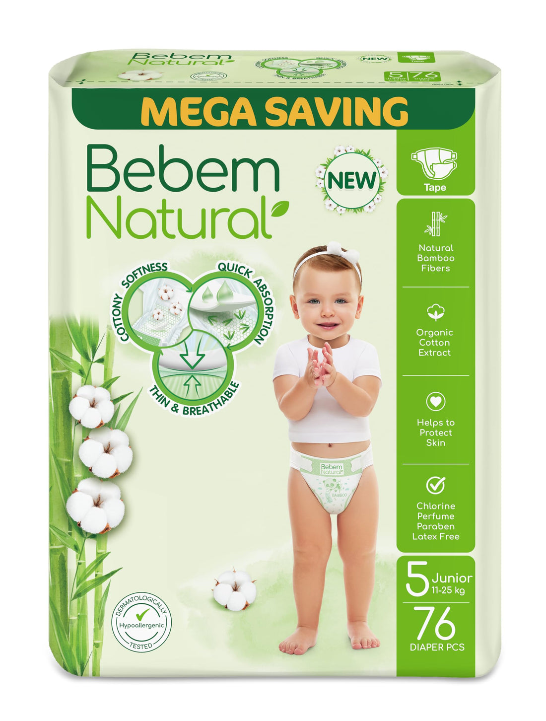 Bebem Natural Baby Diapers Open Diapers Size 4,9-14 KG, Mega Pack, 80 Units, Organic Cotton & Bamboo Fibers