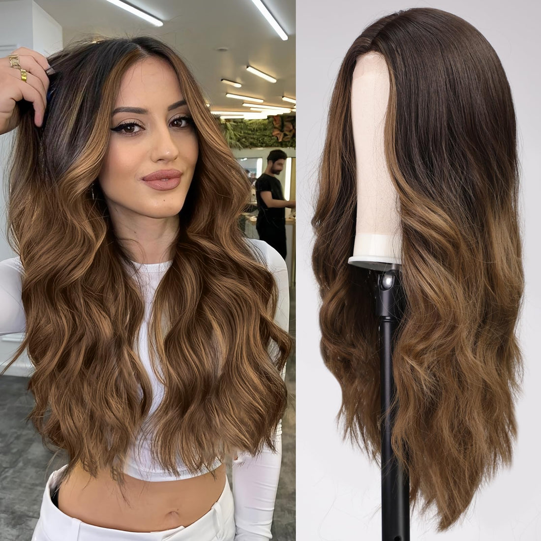 ECIF Long Curly Ombre Brown Wigs For Women Middle Part Synthetic Wig Natural Looking Heat Resistant Fiber Lace Wigs 26 Inch（Brown）