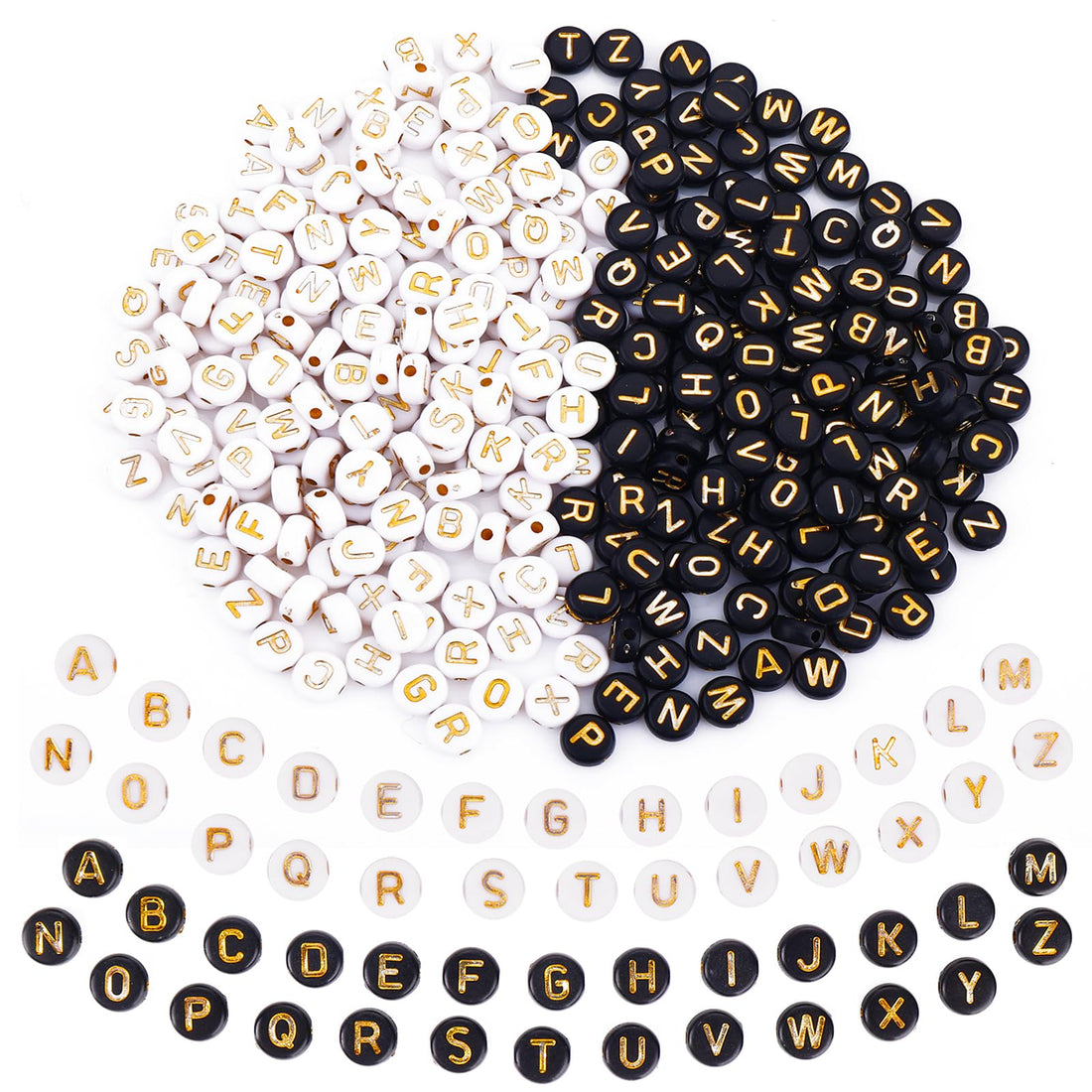 Abeillo 1000 Pcs Acrylic Letter Beads for Bracelets, Round Alphabet Beads 4x7mm A-Z Sorted, Letter Spacer Beads Bulk for Jewelry Bracelet Making (White/Black Letter Beads with Gold Letter)