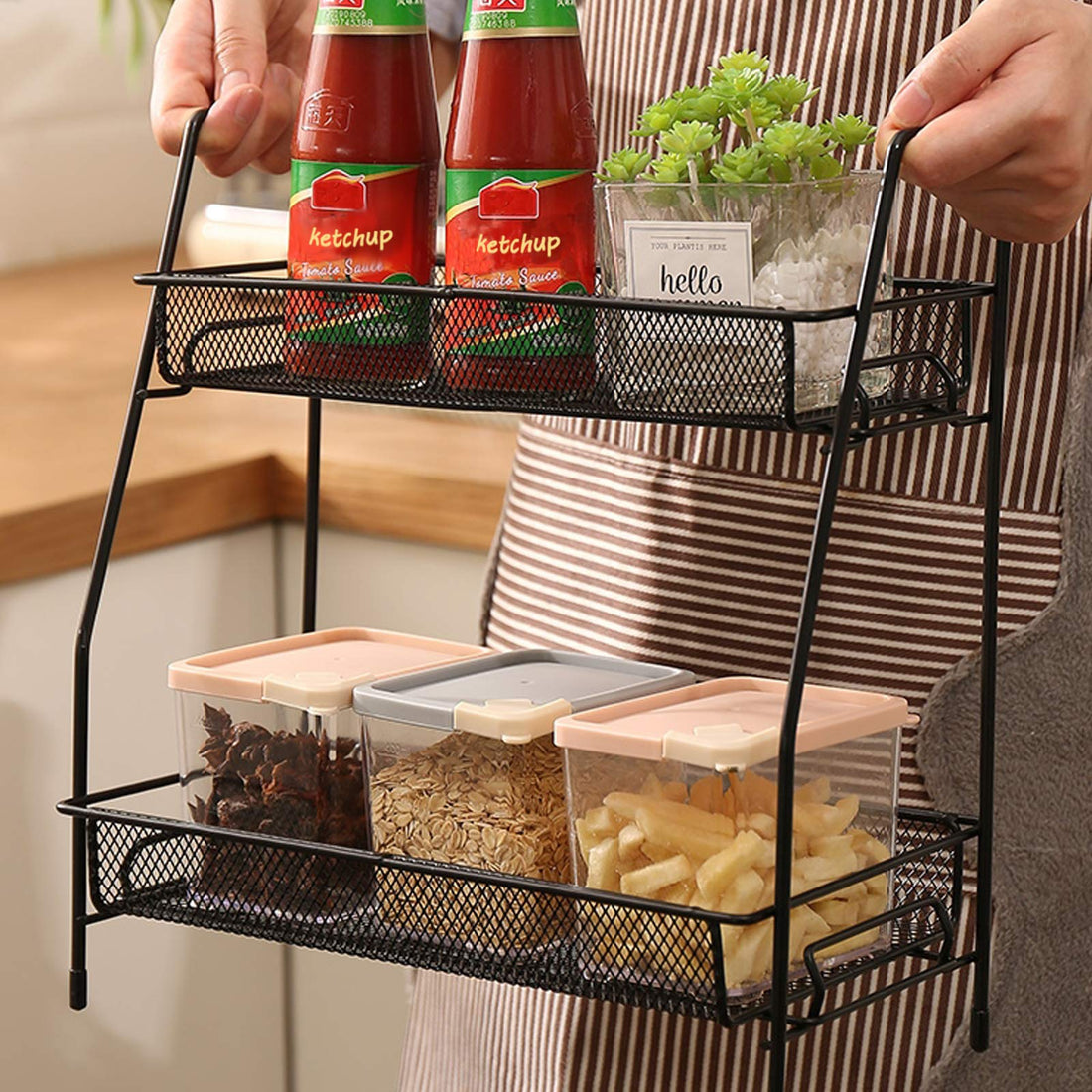 Spice Rack Organizer for Cabinet, 2 Tier Spice Rack/ 2 Tier Bathroom Shelf, Small Storage Rack for Kitchen, Foldable Spice Holder Standing Shelf Storage With Guardrail and Mesh Design (Black)
