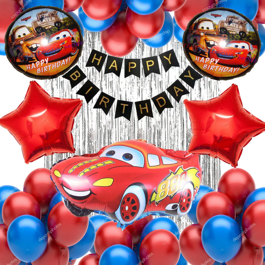 silver blue red cars birthday decoration lightning mcqueen theme combo kit star curtain banner balloons 38 pcs for boys girls adults