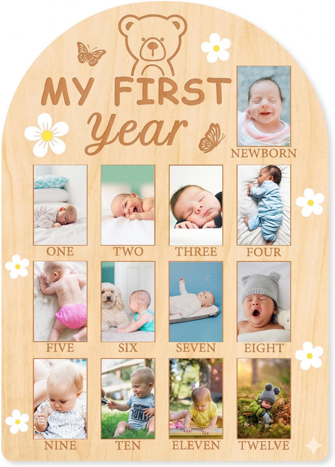 My First Year Baby Growth Photo Display Wood Board - 12 Months Newborn Milestones Photo Board - Neutral Baby Keepsake Board 1st Birthday Party Nursery Decor New Mom Gift - Bear