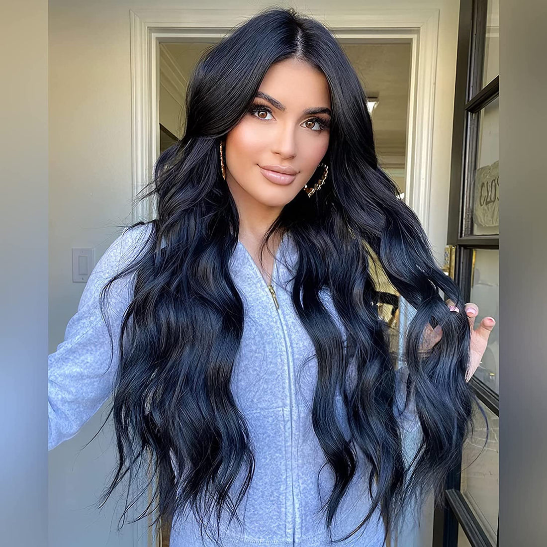 ECIF Long Black Wigs For Women Synthetic Curly Wig Lace Hairline Middle Part Heat Resistant Fiber 24 Inch