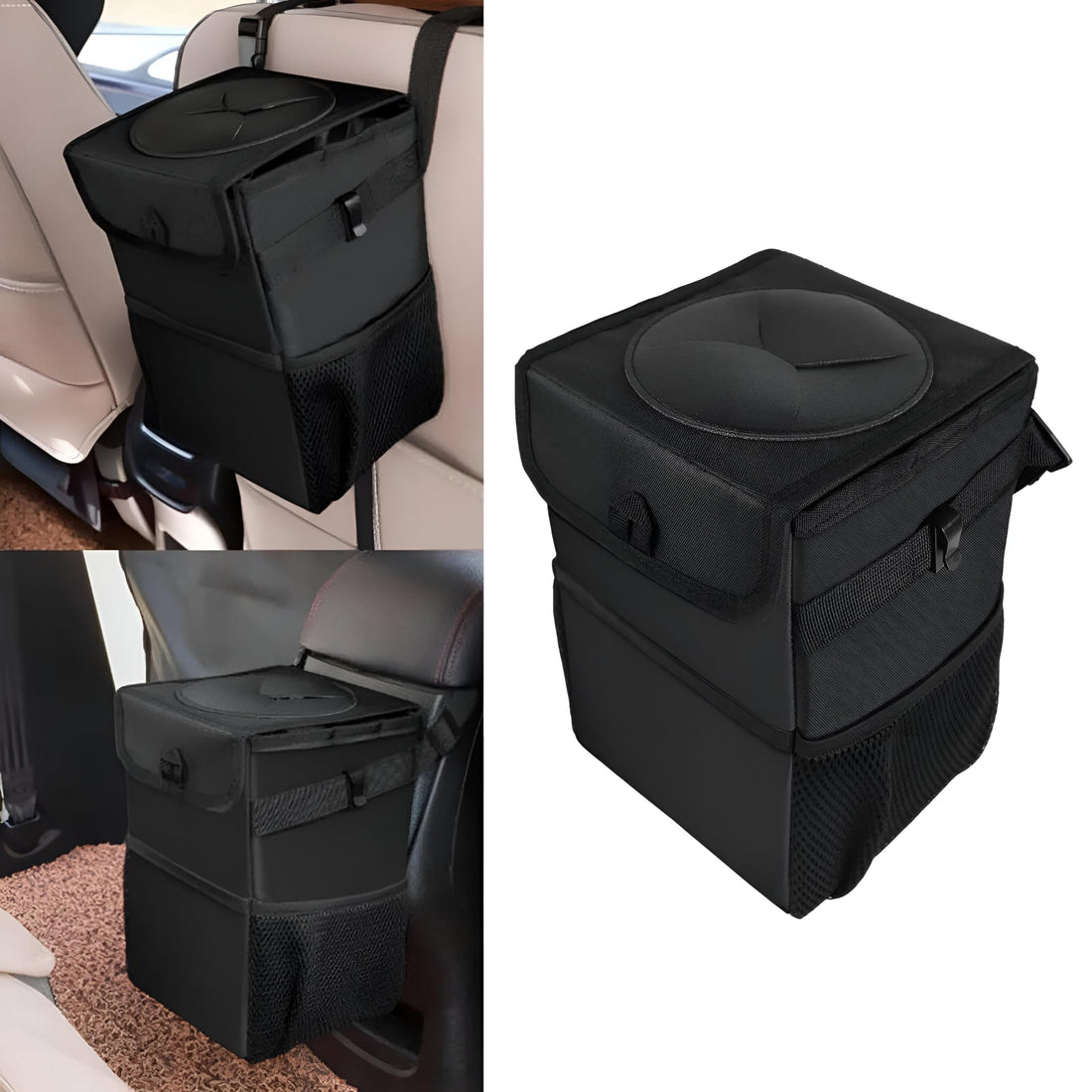 Car Interior Wastebox - Two trash containers with a PVC lid that neutralizes odors, inner net bag, brackets that clip to seat backs, perfect for keeping the cabin tidy during commutes and trips.