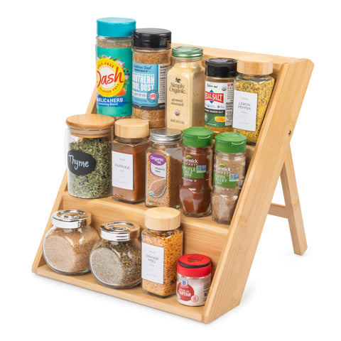 Bamboo Spice Rack Organizer for Kitchen Countertop (No Jars Included) â€“ Sturdy 3-Tier Wooden Shelf, 11"D x 11.61"W x 14"H, Foldable Storage with Non-Slip Base