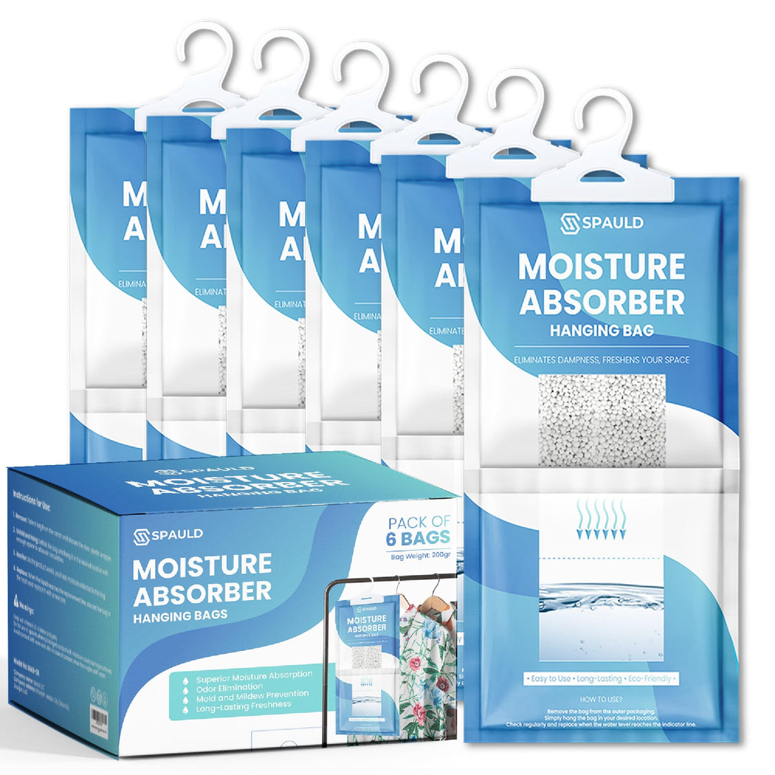 Moisture Absorber Bags, Unscented Hanging Closet Dehumidifier Bags, Eliminates Odors, Humidity Absorber for Closet, Bedrooms, Bathrooms (Pack of 6)
