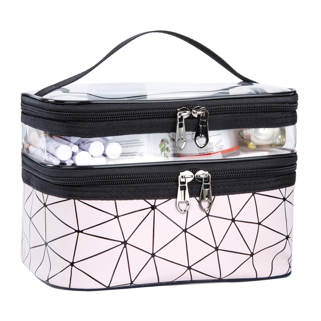 Makeup Bag Travel Zipper Toiletry Bag, Double Layer Portable Waterproof Makeup Organiser Case Large Storage for Beauty Makeup Cosmetic Accessories (Pink)