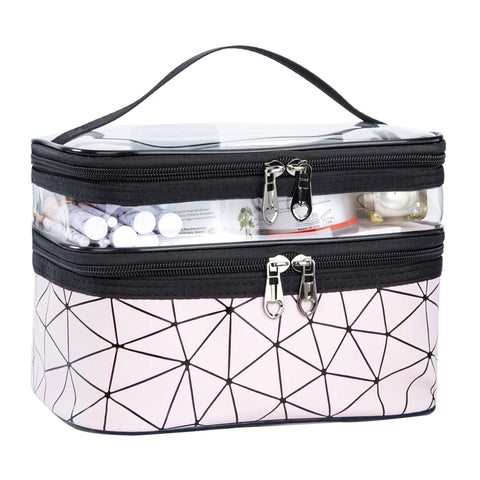 Makeup Bag Travel Zipper Toiletry Bag, Double Layer Portable Waterproof Makeup Organiser Case Large Storage for Beauty Makeup Cosmetic Accessories (Pink)