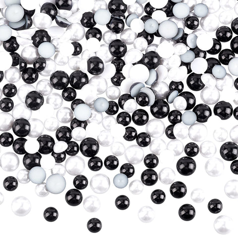 OLYCRAFT 600PCS Half Pearl Beads 3-Size Flat Back Acrylic Faux Round Pearl Cabochons Black White Imitation Pearl Beads for Scrapbook Nail Art Cell Phone Ipad-16mm 14mm 12mm