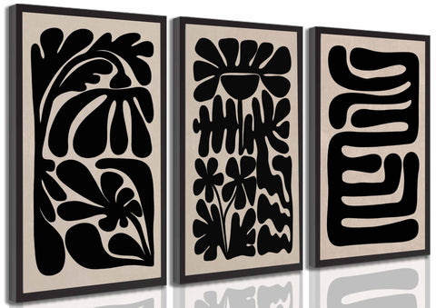 3 Pcs Boho Abstract Floral Canvas Wall Art Mid Century Modern Minimalist Black Neutral Flower Botanical Picture Wall Decor Poster Print Artwork for Living Room Bedroom Home Decoration Unframed