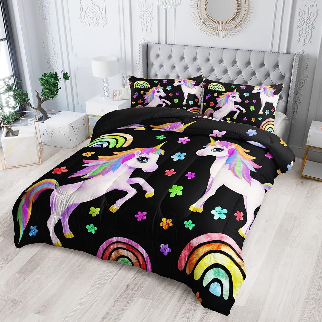 Rainbow Unicorn Comforter Queen Size,Kawaii Animals Comforter Set for Kids Teens Girls,3Pcs Bedding Set Printed Duvet cover with 2 Pillowcases,Down Alternative,Queen Size