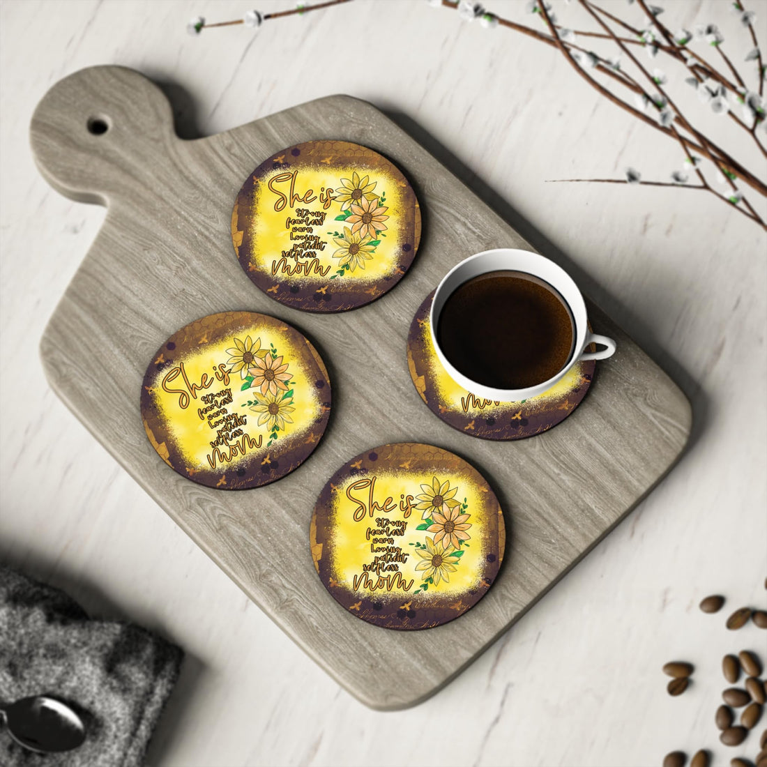 She is Mom Sunflower Bee Coasters - Set of 4 Heartfelt Mother Drink Coasters Rubber Coaster Set Heat-Resistant & Durable - Set of 4