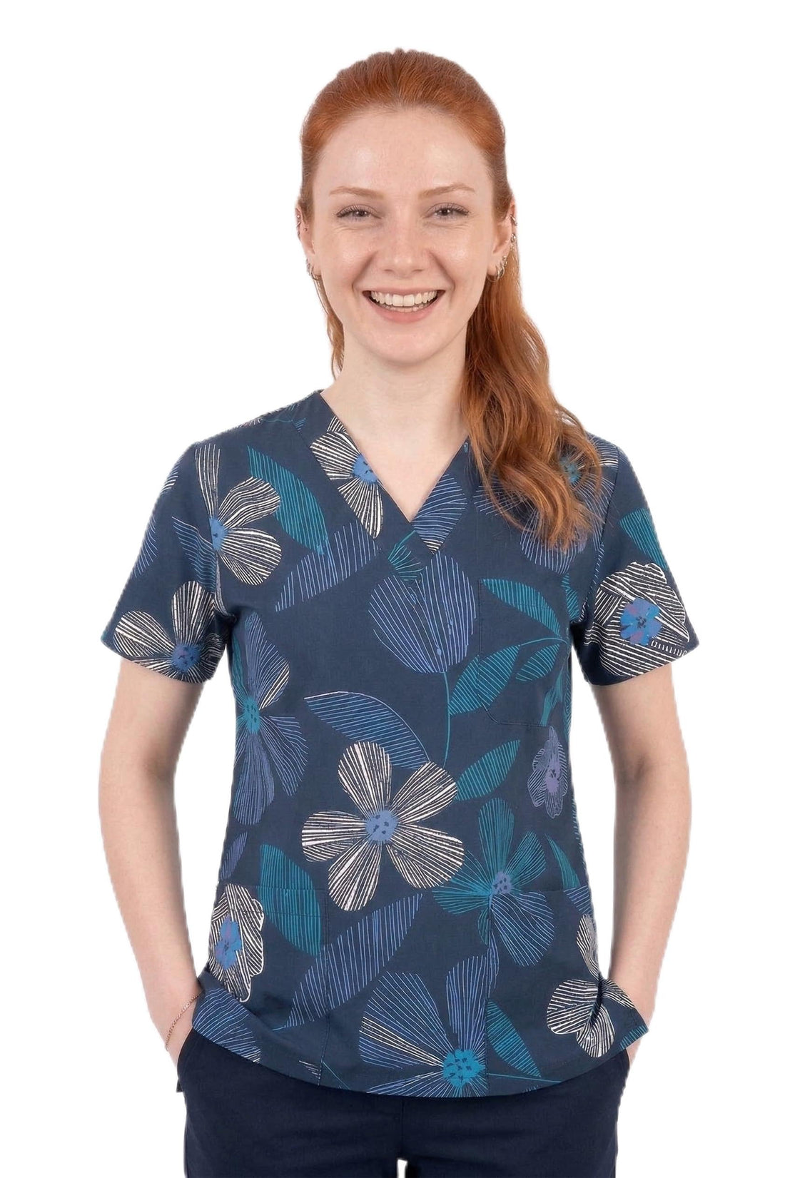 Blue flowers Medical Scrub printed Hospital unisex-dental - Surgical scrubTop only -half SLEEVE - Doctor Scrub -Medical Uniform توب فقط نص كم