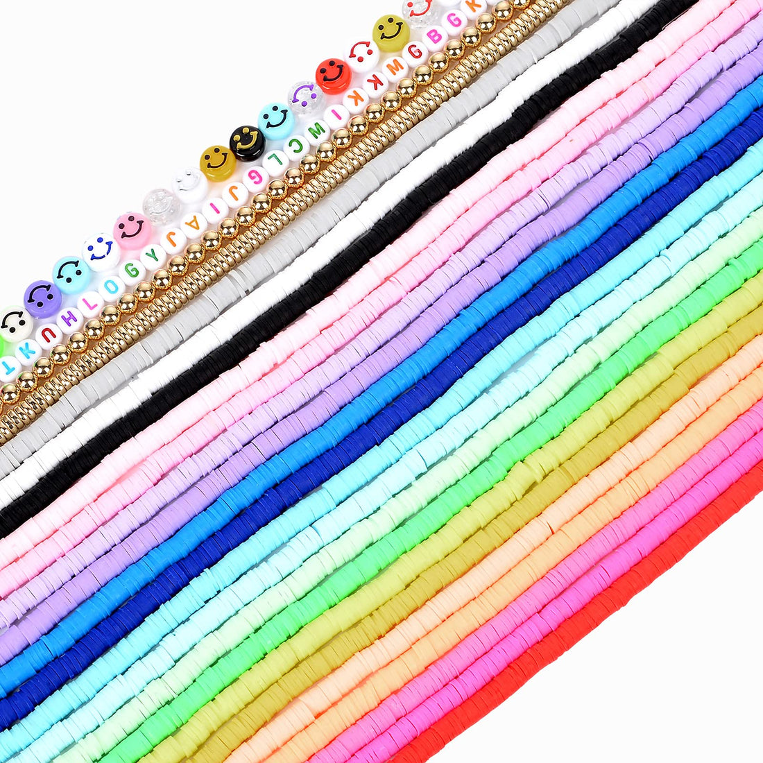 6400Pcs (18 Strands /6mm) Flat Polymer Clay Heishi Beads for Jewelry Making,Golden Beads,Letter Beads and Smiley Beads for Necklace Bracelet Earring