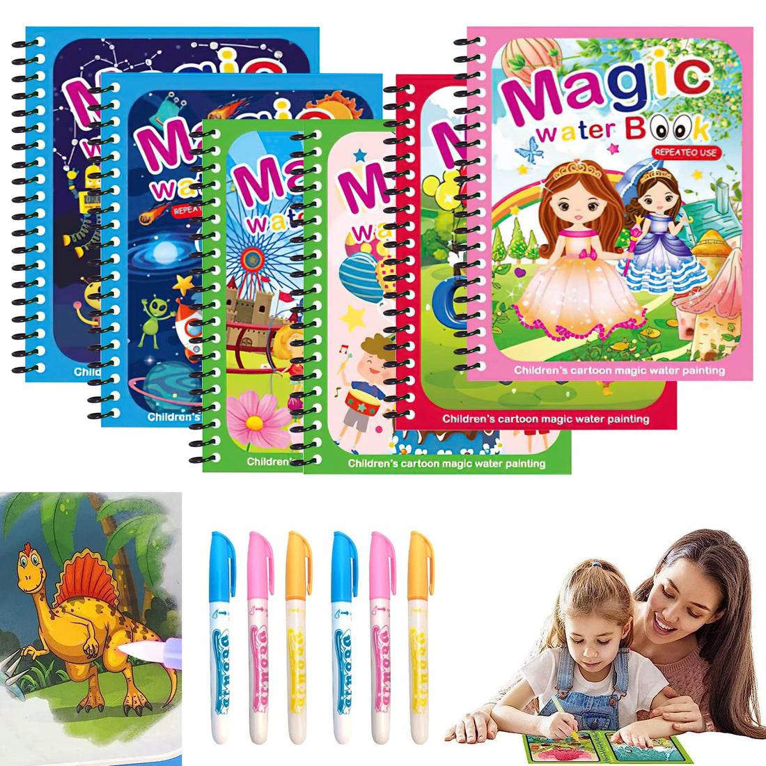 Water Colouring Book Kids Reusable Magic Colouring Books: Pack of 6 Water Colouring Book with 6 Water Pens, Magic Colouring Book Drawing Toy for Children Travel Activities Education Toddlers Gift
