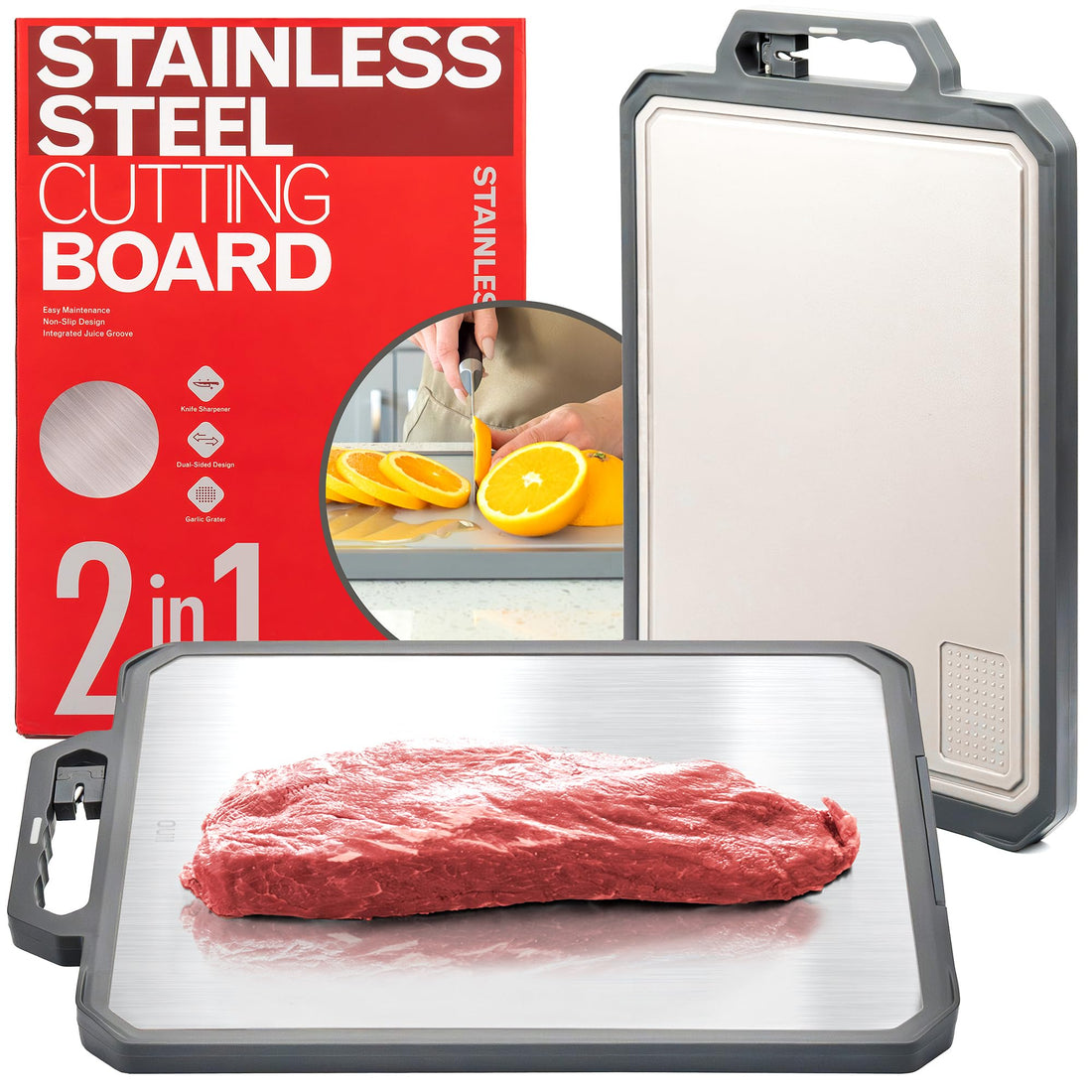 Stainless Steel Cutting Board with Ceramic Sharpener & Grater, XLarge 17"x12" Double-Sided Metal Cutting Board, Non-Toxic Plastic Board, 304 Stainless Steel & Food Grade PP, Easy to Clean.