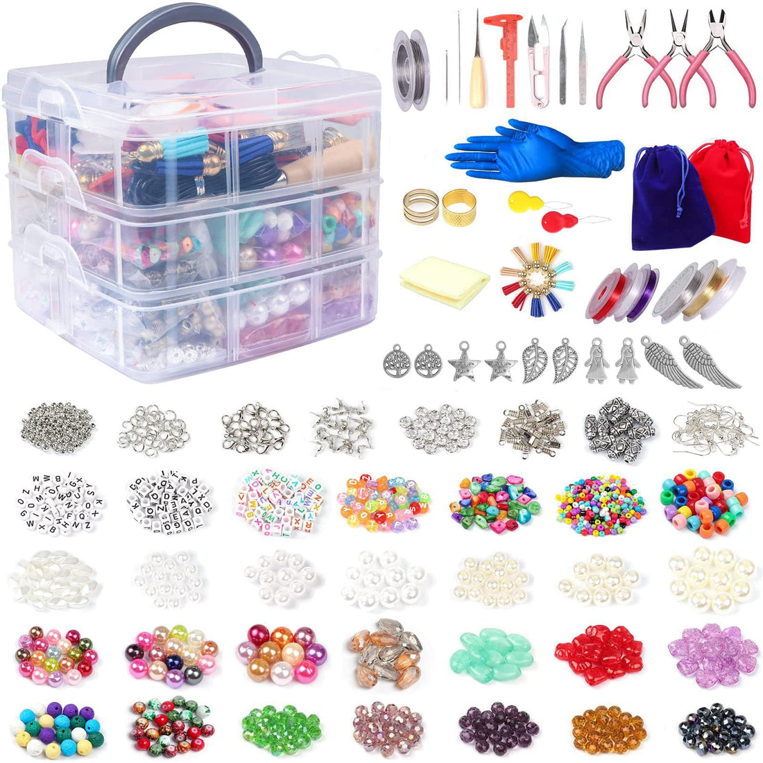 JAZZEEL 2182-Piece Jewelry Making & Repair Kit with Tools, Beads, Pliers, Jump Rings, Lobster Clasps, and Charms, A Complete DIY Gift Set for Girls, Kids, and Adults