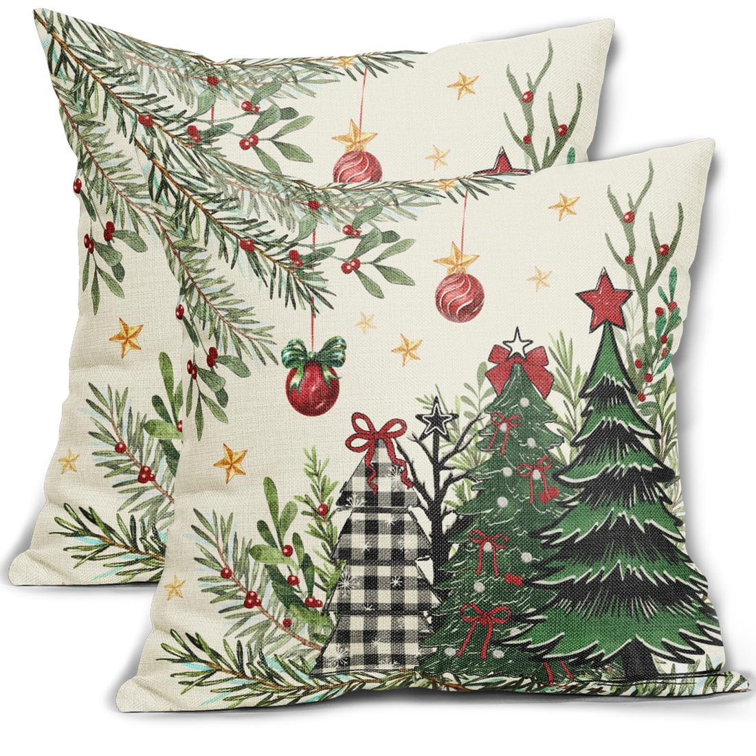 Christmas Tree Throw Pillow Covers 18x18 Set of 2 Xmas Balls Print Green Red Winter Holiday Decorative Pillowcases Outdoor Rustic Farmhouse Decorations Square Cushion Cases Sofa Bed Couch Decor