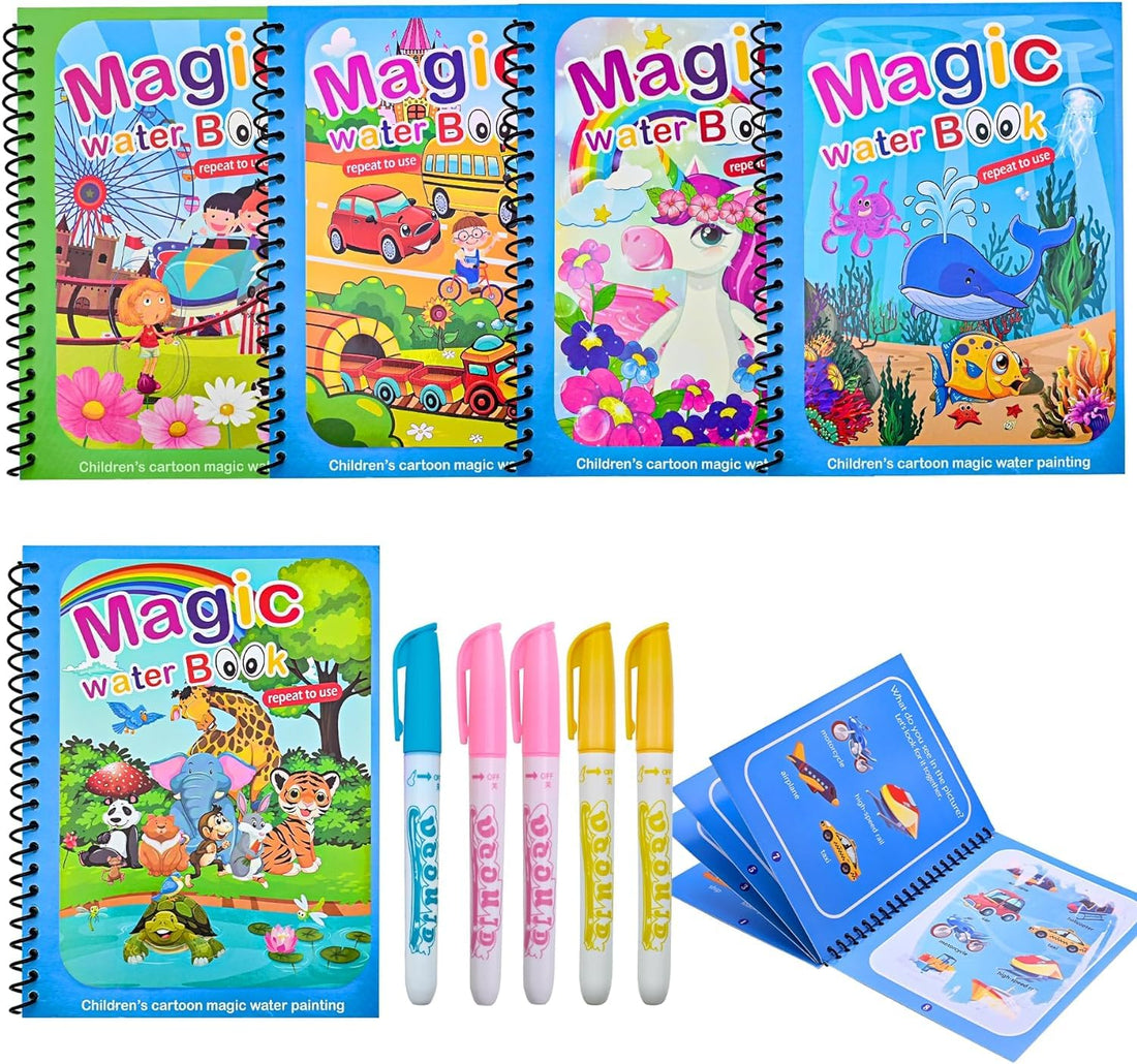Montchi Waterr Magic Colouring Book 5Pcs water Painting Book Reusable Water Colouring books for Children Mess Free Magic Painting Bookss with WAter Pens for 3 4 5 6 Year Old Kids Boys Girls, Style A