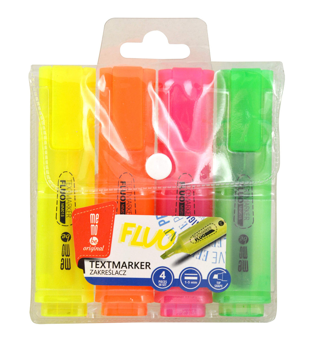 memobe Set of 4 Bright Neon Highlighters (1 x Yellow, 1 x Orange, 1 x Pink, 1 x Green) Chisel Tip, Line Width 1-5 mm, Permanent, Quick Drying