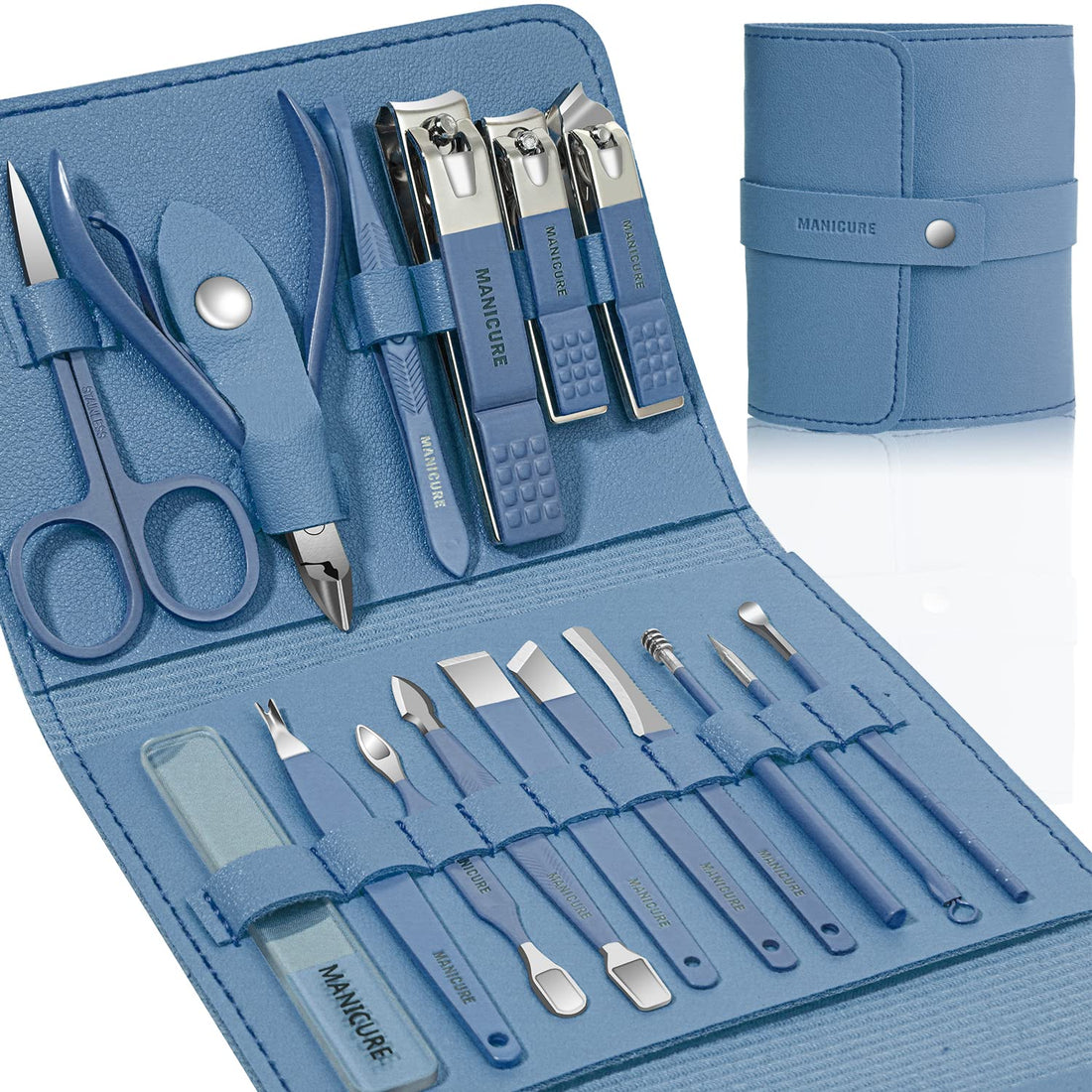Leipple Manicure Set Professional Nail Clippers Pedicure Kit, 16 pcs Stainless Steel Nail Care Tools Grooming Kit with Luxurious Travel Leather Case for Thick Nails Men Women Gift (Blue)