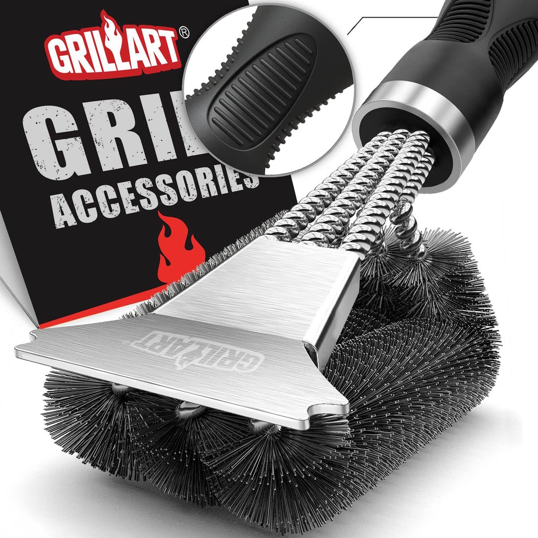 Grill Brush and Scraper - Extra Strong BBQ Cleaner Accessories - Safe Wire Bristles 18 Inch Stainless Steel Barbecue Triple Scrubber Cleaning Brush for Gas/Charcoal Grilling Frees, Wizard Tool