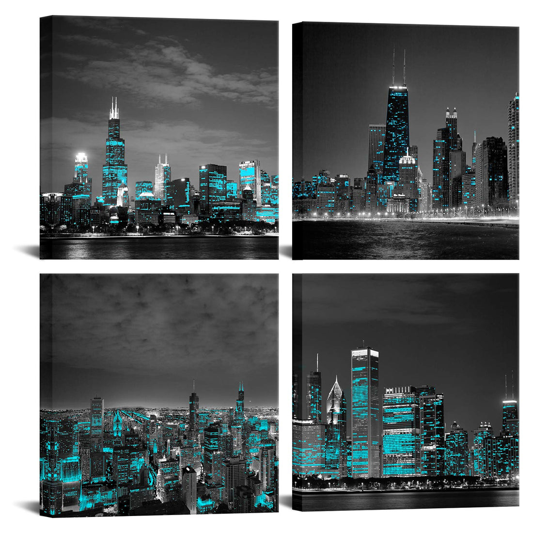 HOMEOART Chicago City Skyline Canvas Wall Art Teal Willis Tower Black and White Cityscape Wall Pictures Living Room Bedroom Bathroom Decoration