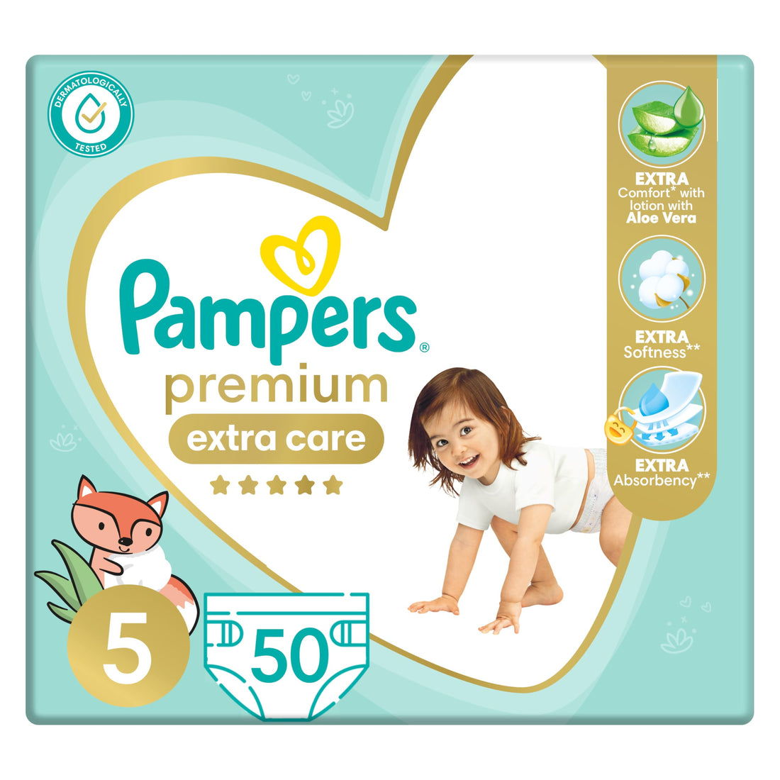 Pampers Premium EXTRA CARE Taped Diapers, Size 5, 11-25 kg, with Lotion with Aloe Vera, 50 Baby Diapers