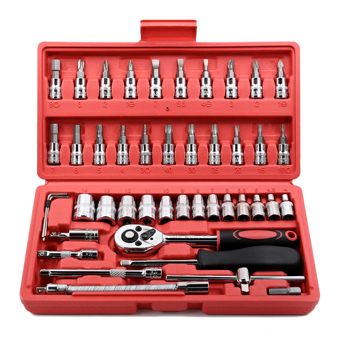 EGOFINE 46 Pieces 1/4 inch Drive Socket Ratchet Wrench Tool Set, with Bit Socket Set Metric and Extension Bar for DIY, Auto Repairing and Household, with Storage Case